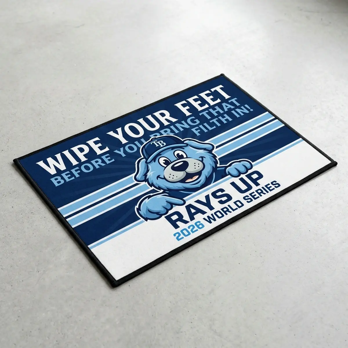 raymond mascot wipe your feet tampa bay rays 2026 doormat Raymond Mascot Wipe Your Feet Tampa Bay Rays 2026 Doormat - Lifestyle Model Mockup