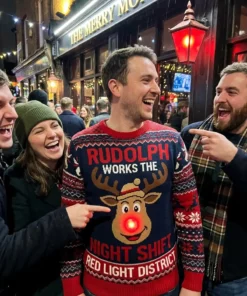 red light district rudolph 24 hour naughty adult christmas sweater