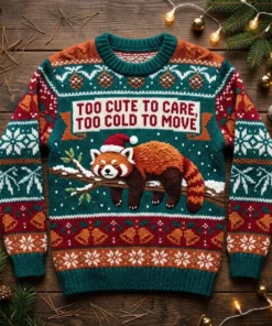 Red Panda Snowy Tree Tantrum Too Cute To Care Ugly Christmas Sweater - Front View Main Mockup