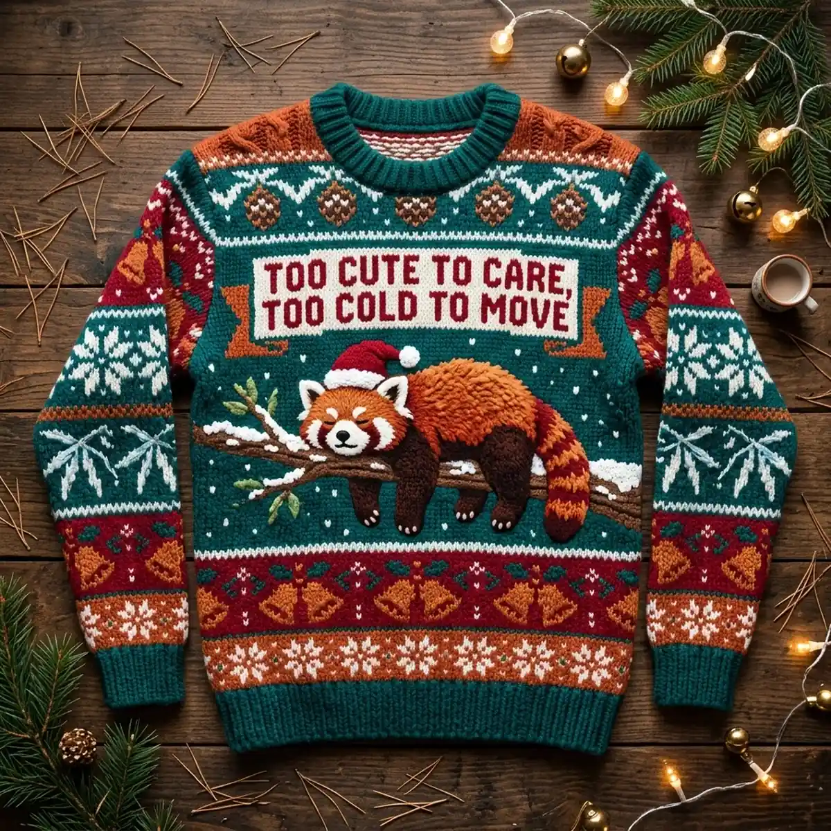 red panda snowy tree tantrum too cute to care ugly christmas sweater 1 Red Panda Snowy Tree Tantrum Too Cute To Care Ugly Christmas Sweater - Front View Main Mockup
