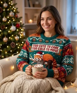Red Panda Snowy Tree Tantrum Too Cute To Care Ugly Christmas Sweater - Lifestyle Model Mockup