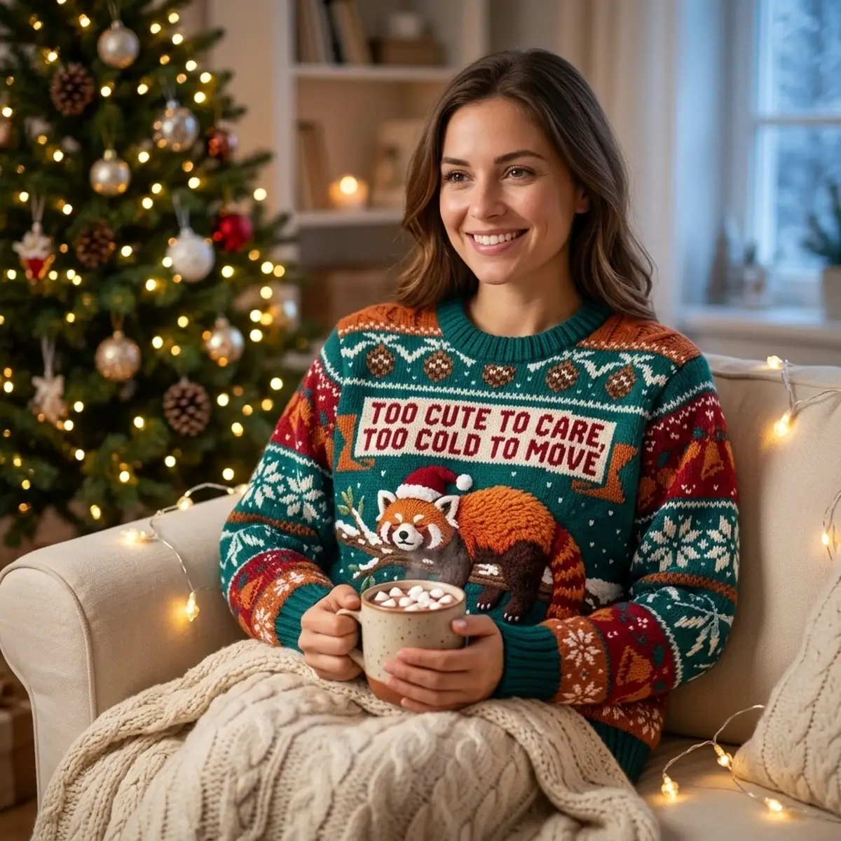 Red Panda Snowy Tree Tantrum Too Cute To Care Ugly Christmas Sweater - Design Preview