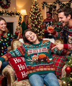 Red Panda Snowy Tree Tantrum Too Cute To Care Ugly Christmas Sweater - Close-up Graphic Detail Mockup