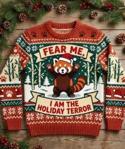 Red Panda Threat Posture Hands Up Holiday Drama Ugly Christmas Sweater - Front View Main Mockup