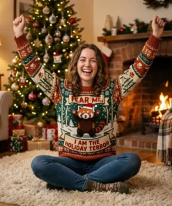 Red Panda Threat Posture Hands Up Holiday Drama Ugly Christmas Sweater - Lifestyle Model Mockup