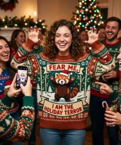 Red Panda Threat Posture Hands Up Holiday Drama Ugly Christmas Sweater - Close-up Graphic Detail Mockup