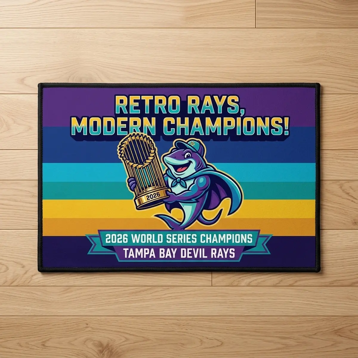 retro devil rays 1998 gradient 2026 world series champions welcome doormat Retro Devil Rays 1998 Gradient 2026 World Series Champions Welcome Doormat - Lifestyle Model Mockup