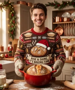 Rise And Shine Crusty Sourdough Boule Ugly Christmas Sweater - Lifestyle Model Mockup