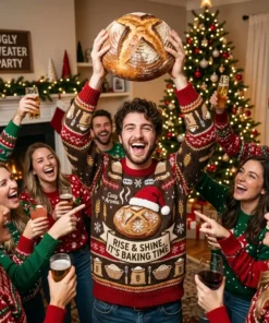 Rise And Shine Crusty Sourdough Boule Ugly Christmas Sweater - Close-up Graphic Detail Mockup