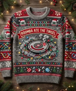 Roomba Robot Vacuum Ate The Tinsel Holiday Disaster Ugly Christmas Sweater - Front View Main Mockup