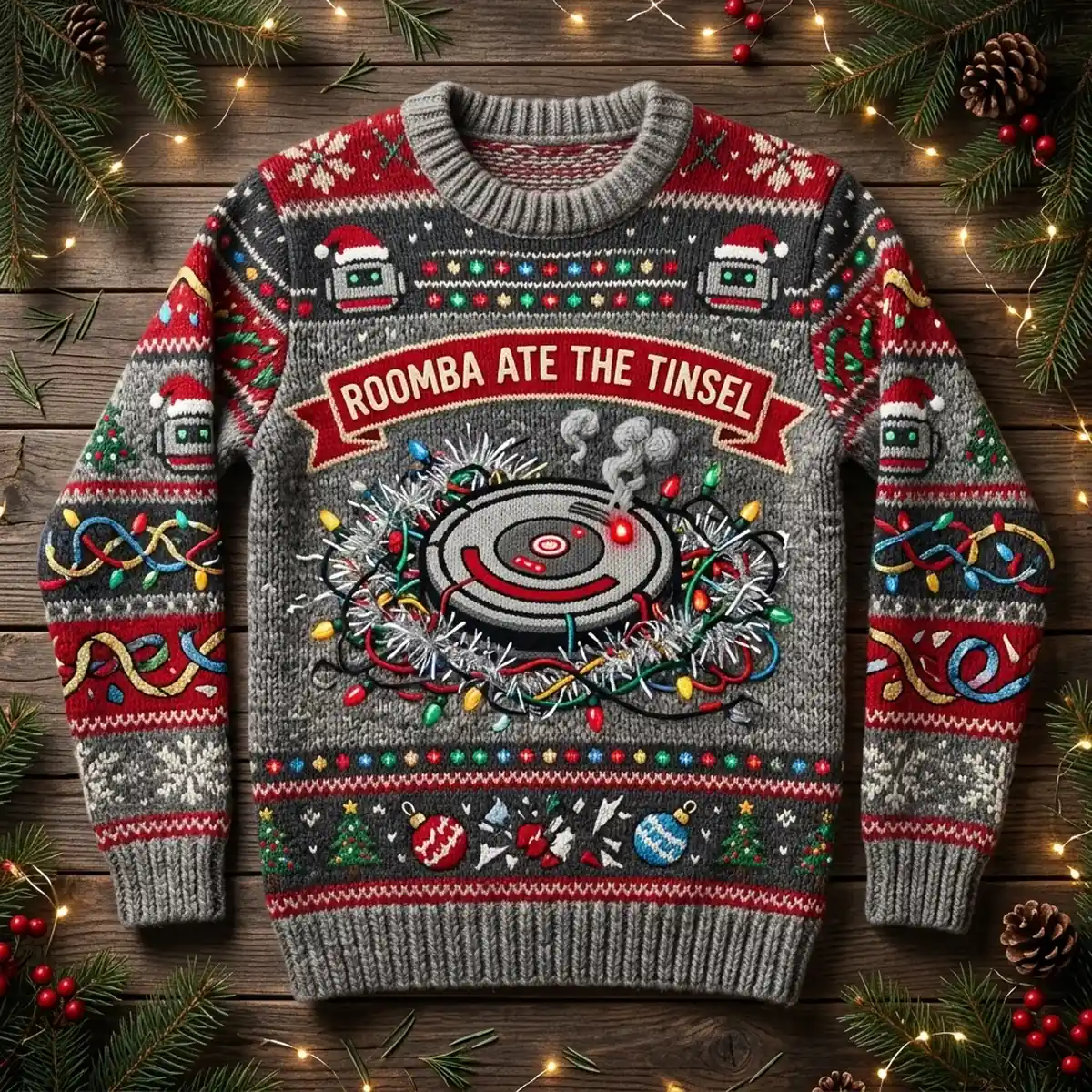 roomba robot vacuum ate the tinsel holiday disaster ugly christmas sweater 1 Roomba Robot Vacuum Ate The Tinsel Holiday Disaster Ugly Christmas Sweater - Front View Main Mockup