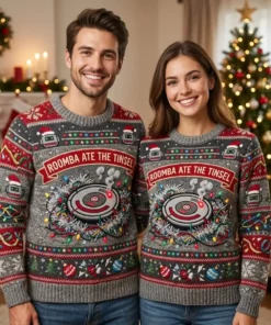 Roomba Robot Vacuum Ate The Tinsel Holiday Disaster Ugly Christmas Sweater - Lifestyle Model Mockup