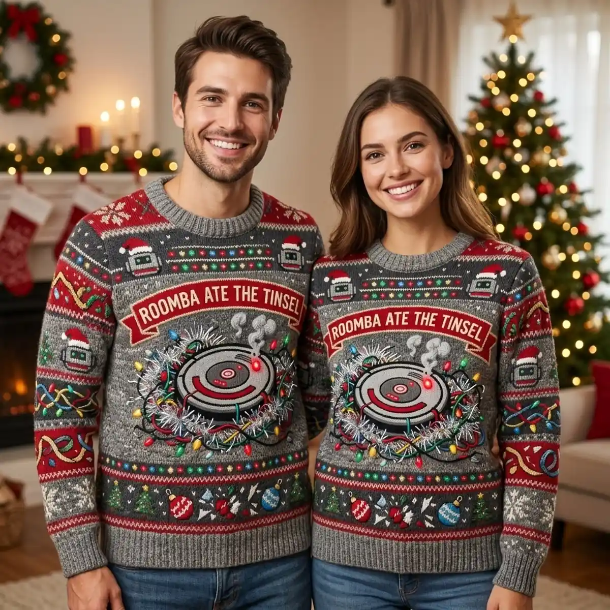 Roomba Robot Vacuum Ate The Tinsel Holiday Disaster Ugly Christmas Sweater - Design Preview