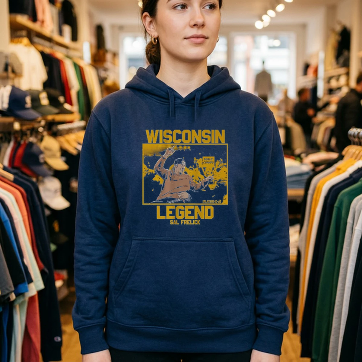 sal frelick wisconsin legend mock hoodie navy Sal Frelick Wisconsin Legend T-Shirt - Close-up Graphic Detail Mockup