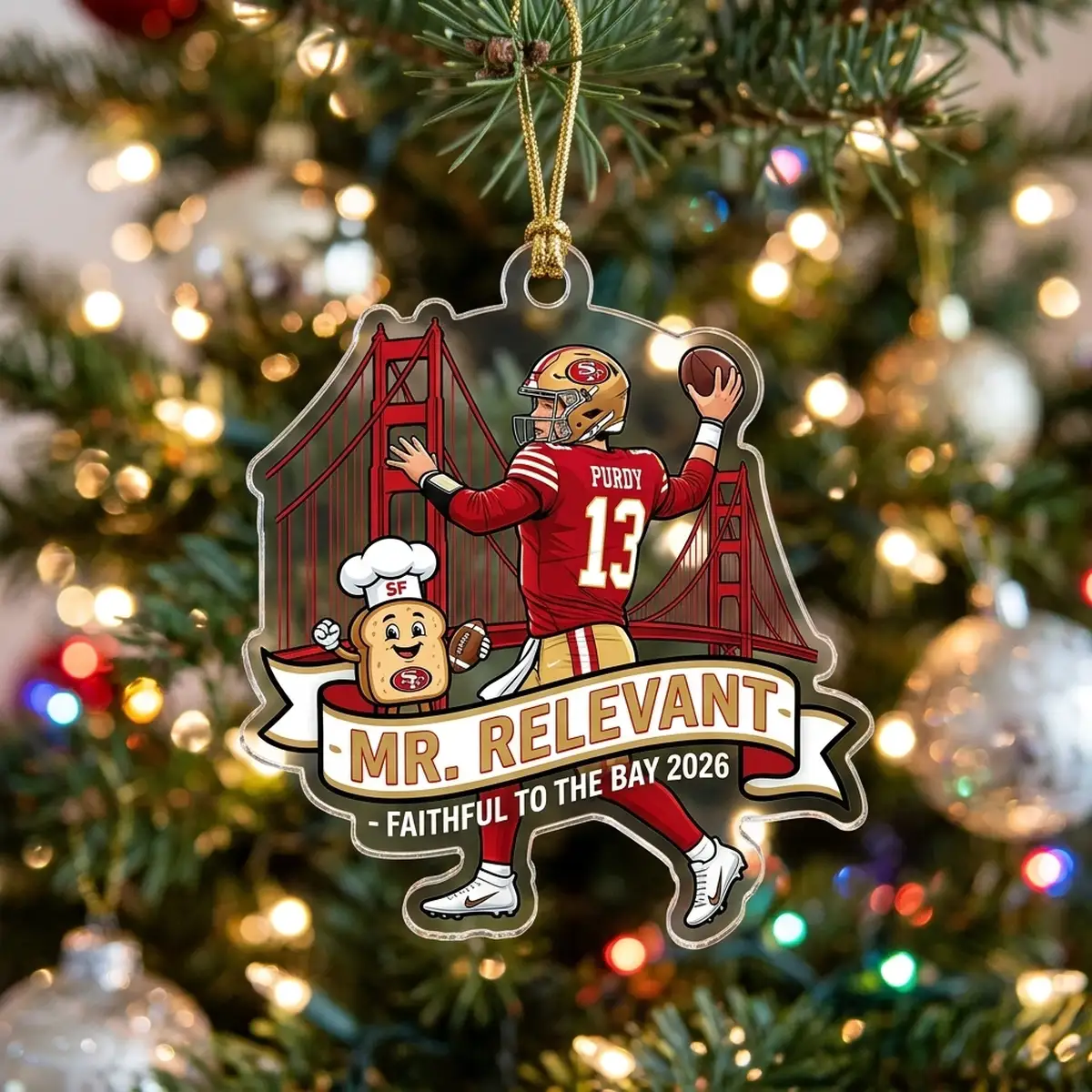 san francisco 49ers brock purdy mr relevant faithful 2026 custom acrylic ornament hero San Francisco 49ers Brock Purdy Mr Relevant Faithful 2026 Custom Acrylic Ornament - Front View Main Mockup