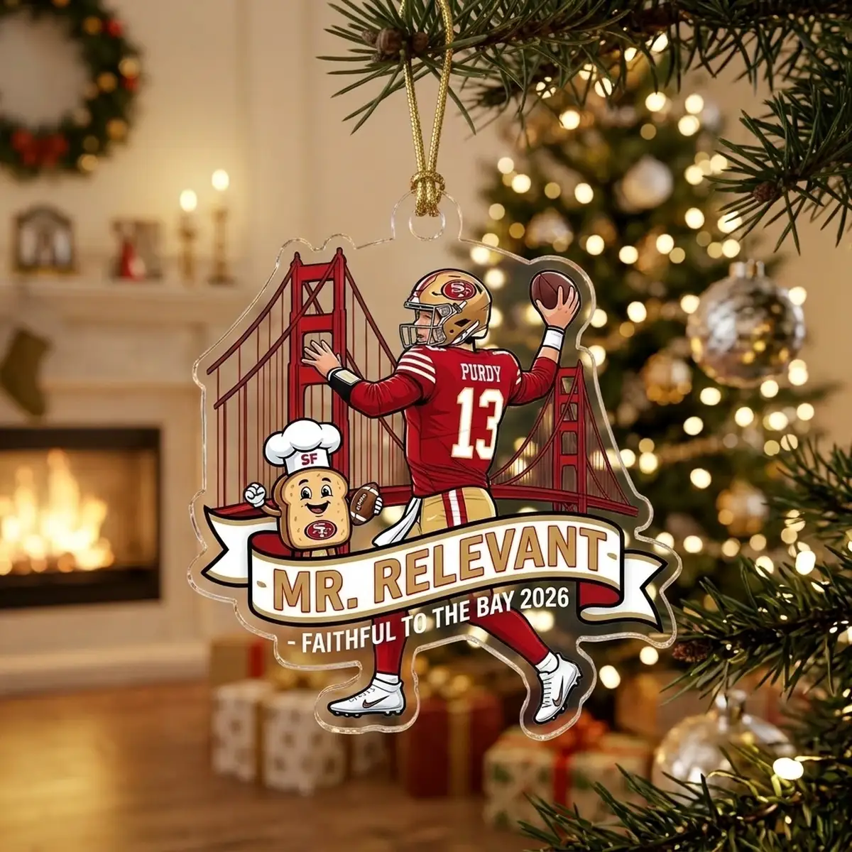 san francisco 49ers brock purdy mr relevant faithful 2026 custom acrylic ornament lifestyle San Francisco 49ers Brock Purdy Mr Relevant Faithful 2026 Custom Acrylic Ornament - Lifestyle Model Mockup