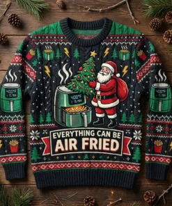 Santa Air Frying The Entire Christmas Tree Holiday Ugly Christmas Sweater - Front View Main Mockup