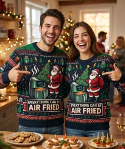 Santa Air Frying The Entire Christmas Tree Holiday Ugly Christmas Sweater - Lifestyle Model Mockup