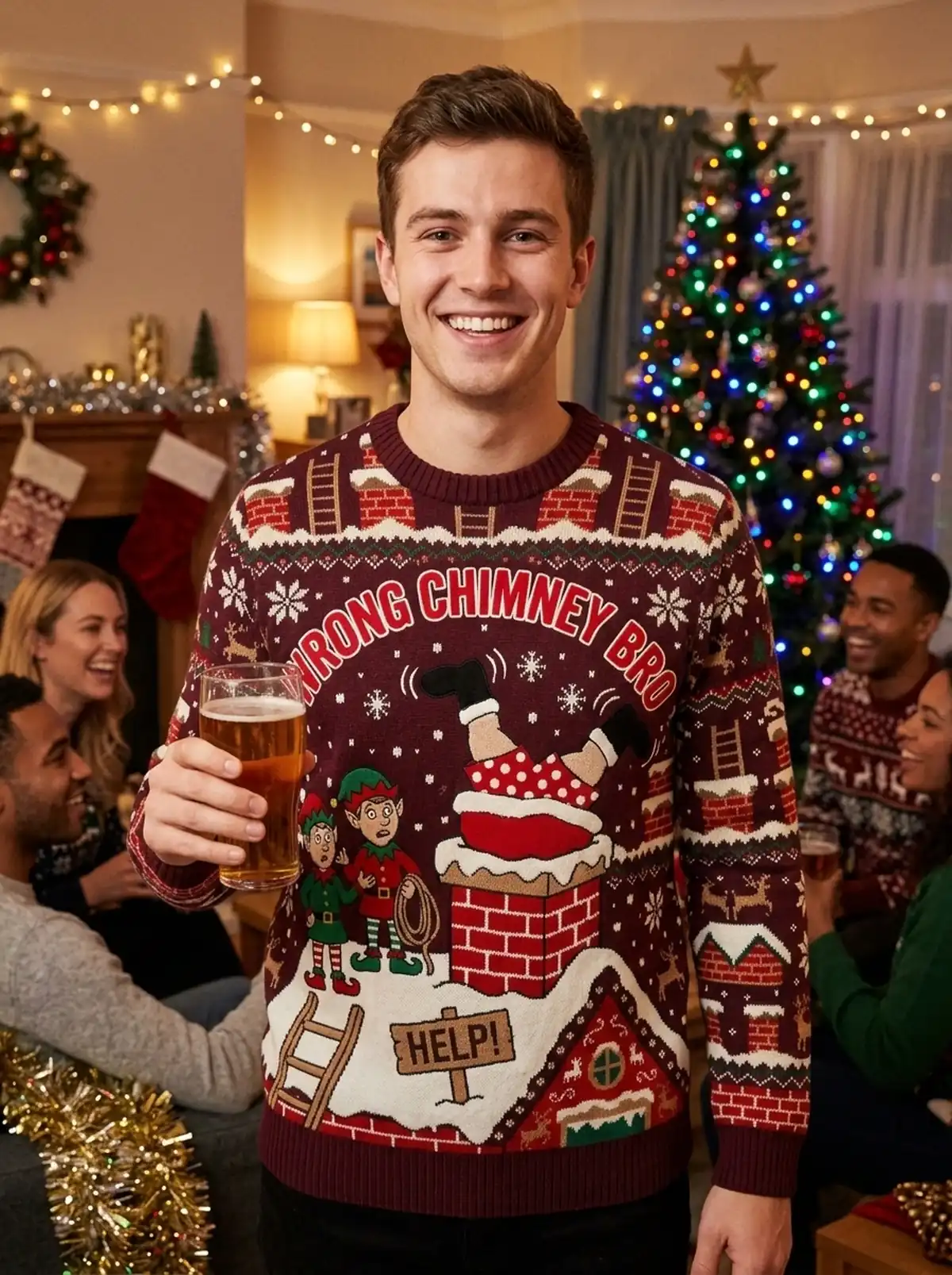 Santa Chimney Stuck Pants Down Emergency Rescue Ugly Christmas Sweater - Design Preview