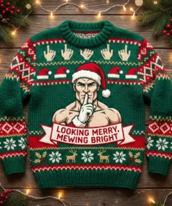 Santa Chiseled Mewing Jawline Looking Merry Mewing Bright Ugly Christmas Sweater - Front View Main Mockup