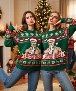 Santa Chiseled Mewing Jawline Looking Merry Mewing Bright Ugly Christmas Sweater - Lifestyle Model Mockup