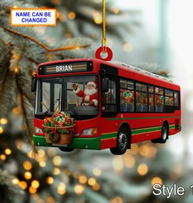santa claus driving city transit bus holiday tree hanging decor ornament 1