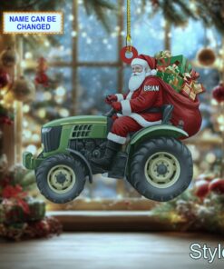 santa claus driving farm tractor agrimotor rustic christmas tree ornament 1