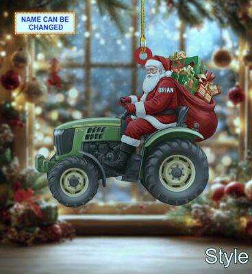 santa claus driving farm tractor agrimotor rustic christmas tree ornament 1
