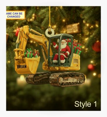 santa claus driving heavy excavator construction christmas tree ornament 1