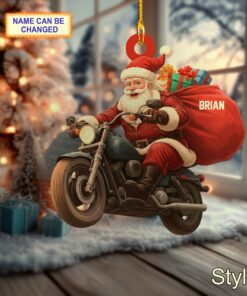 santa claus riding cruiser motorcycle biker christmas tree ornament 1