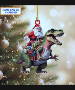 santa claus riding t rex dinosaur funny kids christmas tree ornament 1