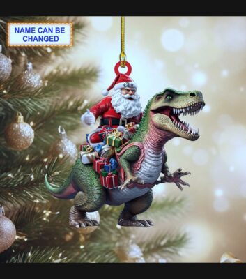 santa claus riding t rex dinosaur funny kids christmas tree ornament 1