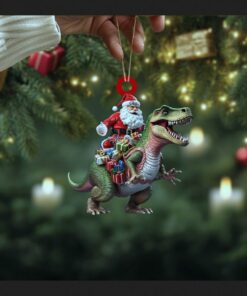 santa claus riding t rex dinosaur funny kids christmas tree ornament 2