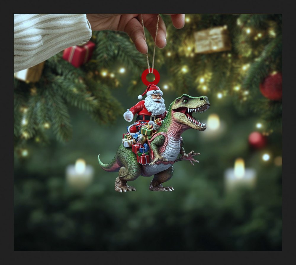 Santa Claus Riding T-Rex Dinosaur Funny Kids Christmas Tree Ornament - Design Preview
