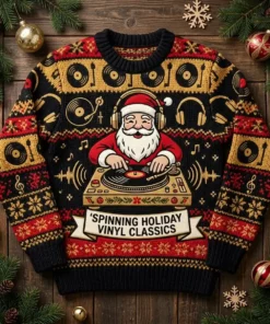 Santa DJ Spinning Holiday Vinyl Classics Turntable Ugly Christmas Sweater - Front View Main Mockup