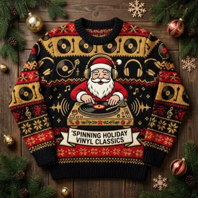 Santa DJ Spinning Holiday Vinyl Classics Turntable Ugly Christmas Sweater - Front View Main Mockup