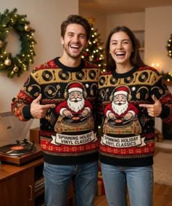 Santa DJ Spinning Holiday Vinyl Classics Turntable Ugly Christmas Sweater - Lifestyle Model Mockup