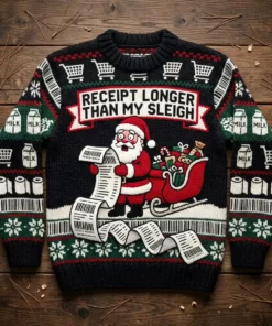 Santa Grocery Store Receipt Longer Than Sleigh Ugly Christmas Sweater - Front View Main Mockup