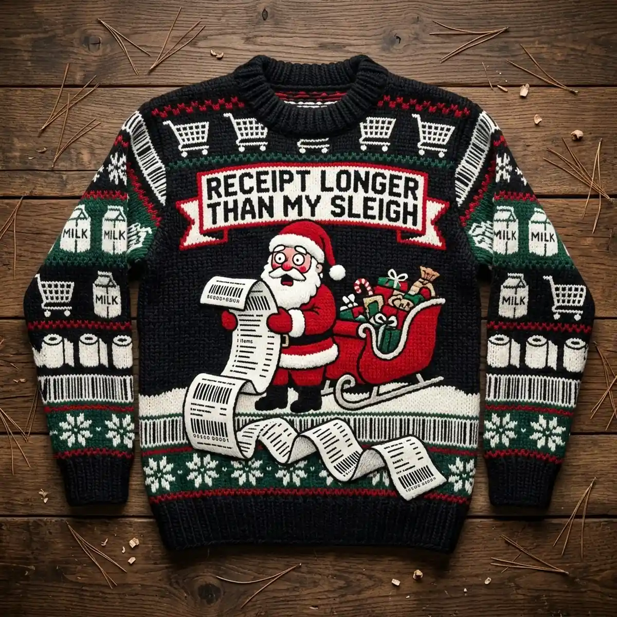 santa grocery store receipt longer than sleigh ugly christmas sweater 1 Santa Grocery Store Receipt Longer Than Sleigh Ugly Christmas Sweater - Front View Main Mockup