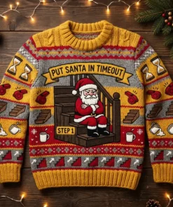 Santa On The Naughty Step Holiday Timeout Ugly Christmas Sweater - Front View Main Mockup