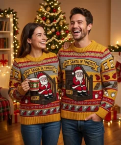 Santa On The Naughty Step Holiday Timeout Ugly Christmas Sweater - Lifestyle Model Mockup