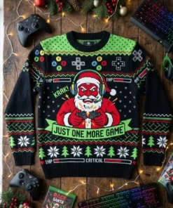 Santa Rage Quit Broken Controller Just One More Game Ugly Christmas Sweater - Front View Main Mockup