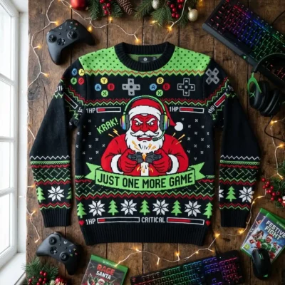 Santa Rage Quit Broken Controller Just One More Game Ugly Christmas Sweater - Front View Main Mockup