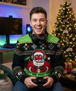 Santa Rage Quit Broken Controller Just One More Game Ugly Christmas Sweater - Lifestyle Model Mockup