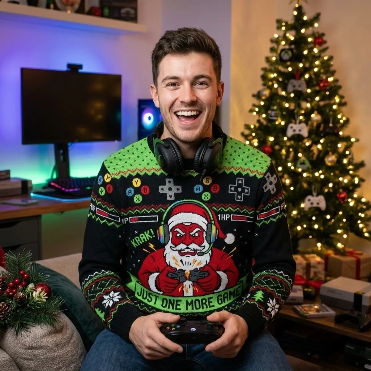 Santa Rage Quit Broken Controller Just One More Game Ugly Christmas Sweater - Design Preview