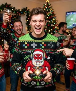 Santa Rage Quit Broken Controller Just One More Game Ugly Christmas Sweater - Close-up Graphic Detail Mockup