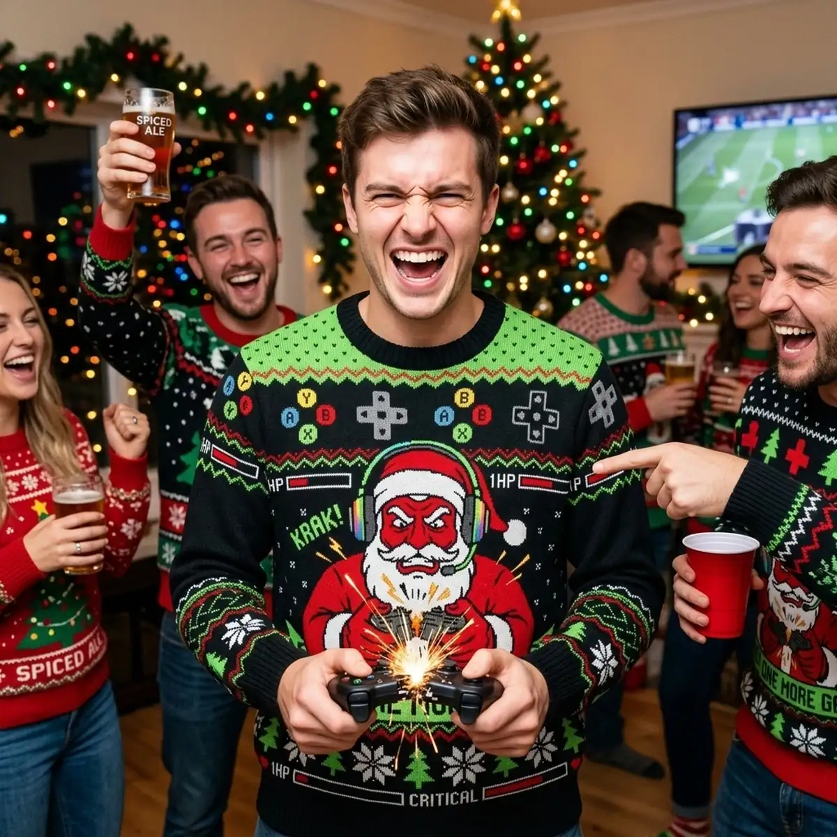 santa rage quit broken controller just one more game ugly christmas sweater 3 Santa Rage Quit Broken Controller Just One More Game Ugly Christmas Sweater - Close-up Graphic Detail Mockup