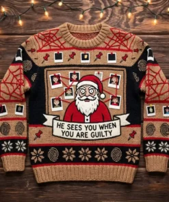 Santa Red String Conspiracy Detective Board Ugly Christmas Sweater - Front View Main Mockup