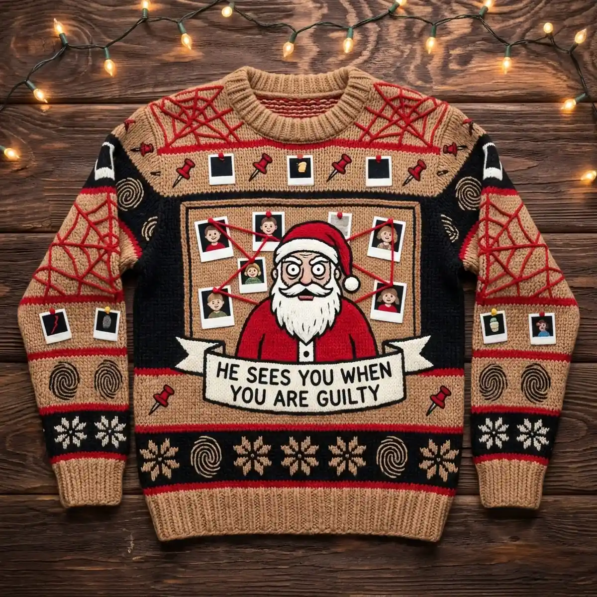 santa red string conspiracy detective board ugly christmas sweater 1 Santa Red String Conspiracy Detective Board Ugly Christmas Sweater - Front View Main Mockup