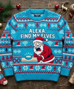 Santa Yelling At Smart Speaker Alexa Find My Elves Ugly Christmas Sweater - Front View Main Mockup